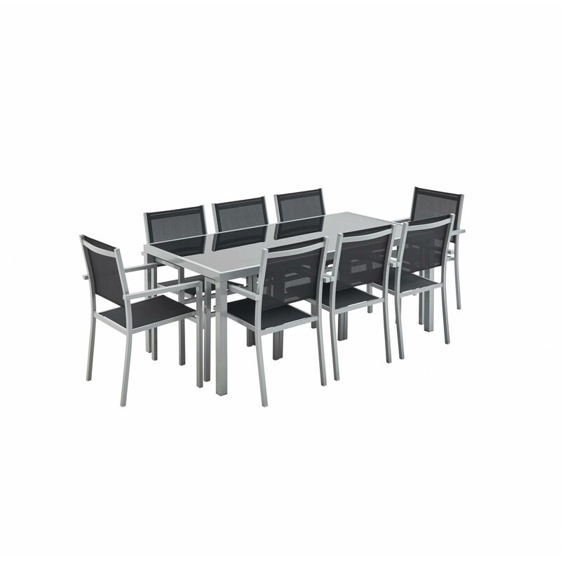 Gartengarnitur aus Aluminium und Textilene - Capua 180 cm - Grau, Schwarz - 8 Plätze - 1 großer rechteckiger Tisch, 8 stapelbare Sessel