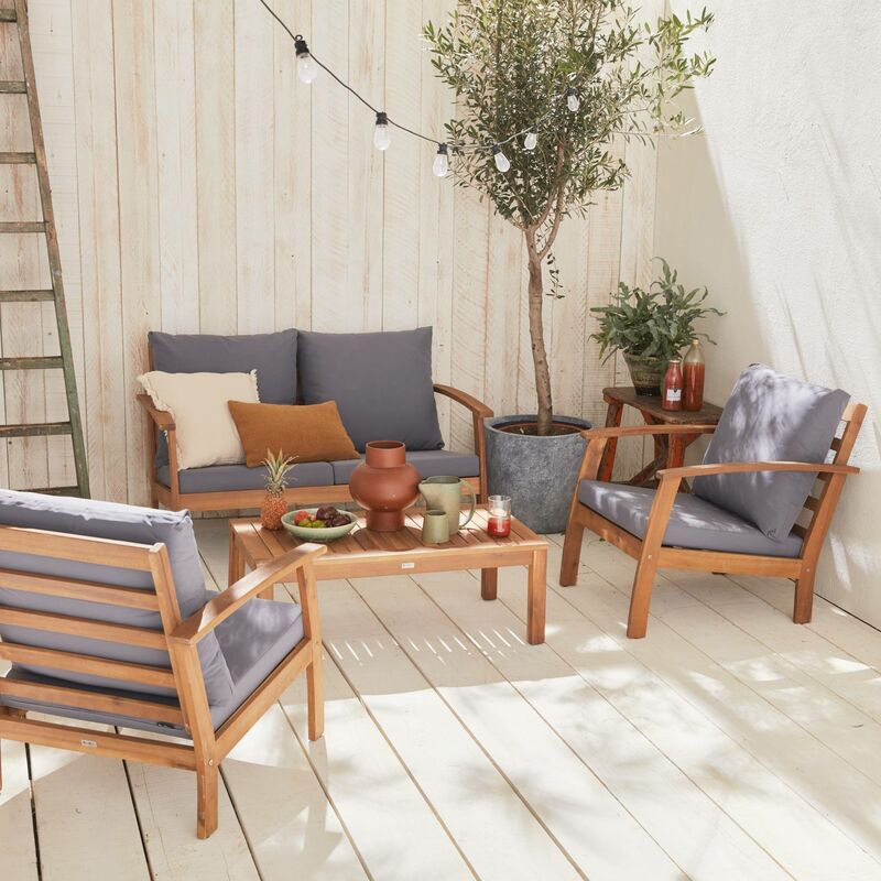 Gartengarnitur aus Holz 4 Sitze - Ushuaïa - graue Kissen, Sofa, Sessel und Couchtisch aus Akazie, Design