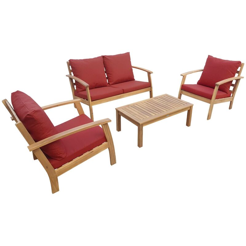 4 Sitze Holz Gartenmöbel - Ushuaïa - Terrakottafarbene Kissen, Sofa, Sessel und Couchtisch aus Akazie, Design
