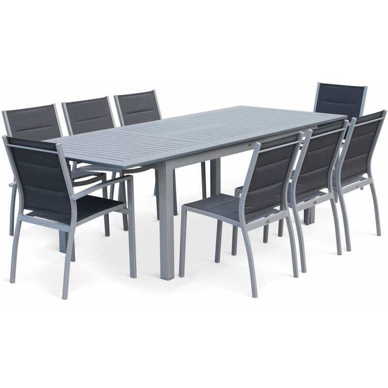 Ausziehbarer Tisch Gartengarnitur - Chicago Grau - Aluminiumtisch 175/245 cm mit Verlängerung und 2 Sessel miy Armlehnen und 6 Stühle ohne Armlehnen