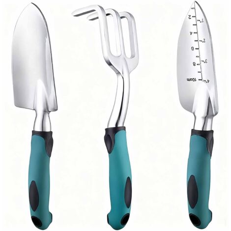 Gartengeräte, Set aus drei robusten Gartengeräten aus Aluminiumguss mit rutschfesten Gummigriffen, langlebige Handgartengeräte.