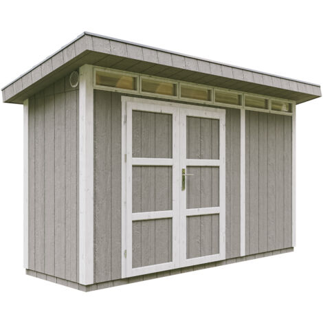Gartenhaus Premium Qualität 4,3m² - L161xW411cm- All-Inclusive-Set mit Boden, Bitumen-Dachziegeln, Farbset-  LP Smartside - Timbela M902 TUNDRA GREY