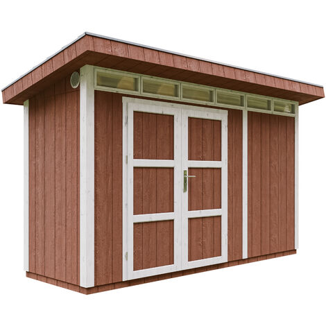 Gartenhaus Premium Qualität 4,3m² - L161xW411cm- All-Inclusive-Set mit Boden, Bitumen-Dachziegeln, Farbset- LP Smartside -Timbela M902A REDWOOD RED