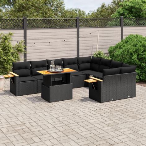Gartenliege 10-teilig mit Kissen Schwarz Rattan