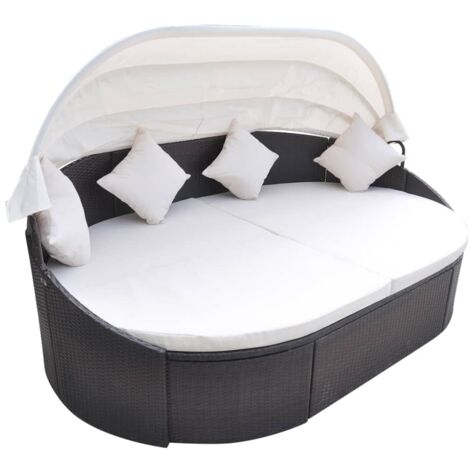 Gartenliege mit Sonnendach, Rattan, Braun
