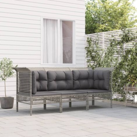 Gartenlounge 3-teilig mit Kissen Grau Geflochtene Rattan