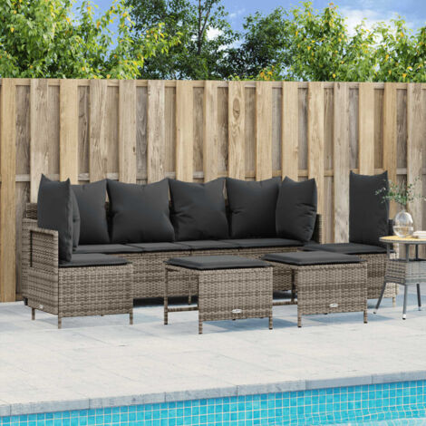 Gartenlounge 5-teilig mit grauen Kissen aus geflochtenem Kunststoff