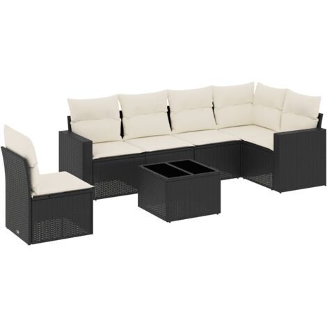 Gartenlounge 7-teilig mit Kissen Schwarz Geflochtene Kunststoffe