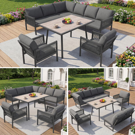 Gartenlounge – Chaise et fauteuil ensemble, canapé extérieur avec un bureau. Canapé en forme de L, convient à 7-8 personnes. Inclut 1 bureau en verre de couleur bois, ainsi que 2 chaises tressées à la