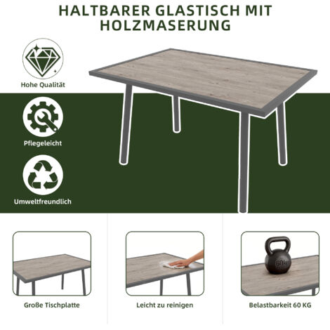 Gartenlounge – Chaise et fauteuil ensemble, canapé extérieur avec un bureau. Canapé en forme de L, convient à 7-8 personnes. Inclut 1 bureau en verre de couleur bois, ainsi que 2 chaises tressées à la