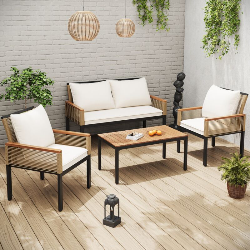 Stilvora Gartenlounge-set Mit 1 Doppelsitzbank, 2 Sesseln Und 1 Couchtisch, Für Terrasse Und Balkon, Pe-rattan, Eisen Und Wasserdichtes Gewebe, Beige