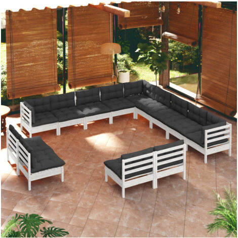 Gartenloungemöbel 13-teilig mit weißen Kissen aus massivem Kiefernholz
