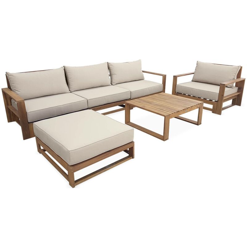 Gartengarnitur aus Holz 5 Sitze - Mendoza - beigefarbene Kissen, Sofa, Sessel und Couchtisch aus Akazie, 6 zusammenstellbare Teile, Design