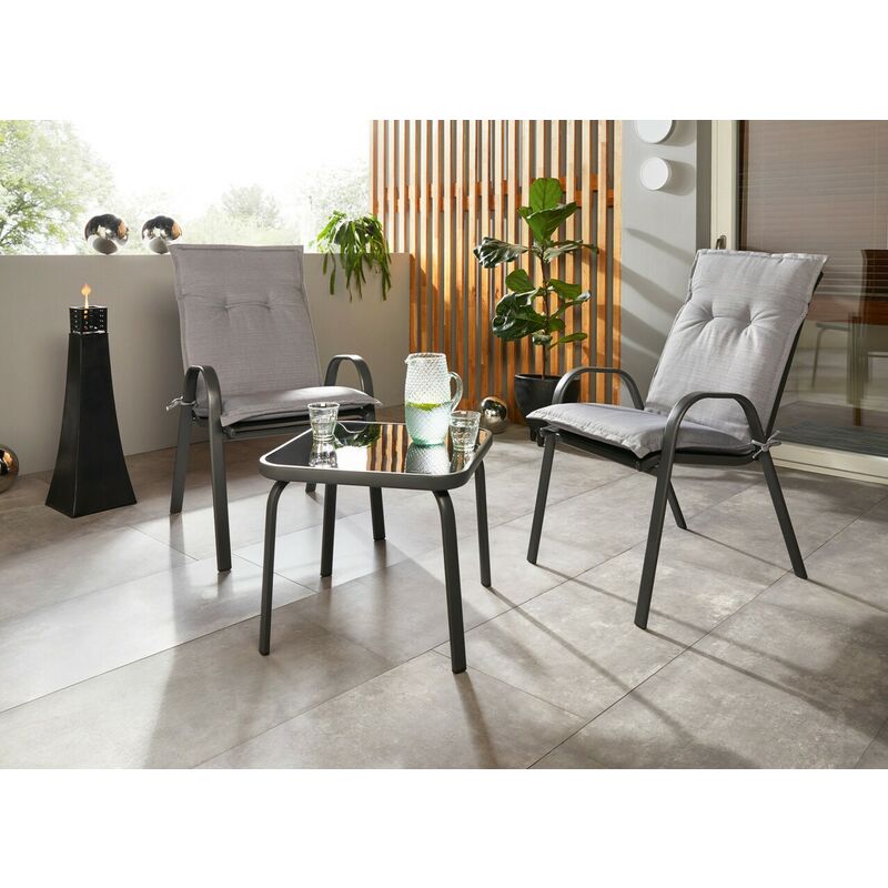 Gartenmöbel Set 'Modern' grau, 2 Stühle + Tisch mit Glasplatte, Balkonmöbel