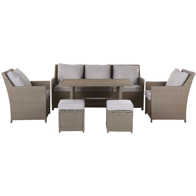 Beliani Lounge Set Mit Tisch Und Ottomane 5-sitzer Fonti Inkl. Kissen Polyrattan Taupe