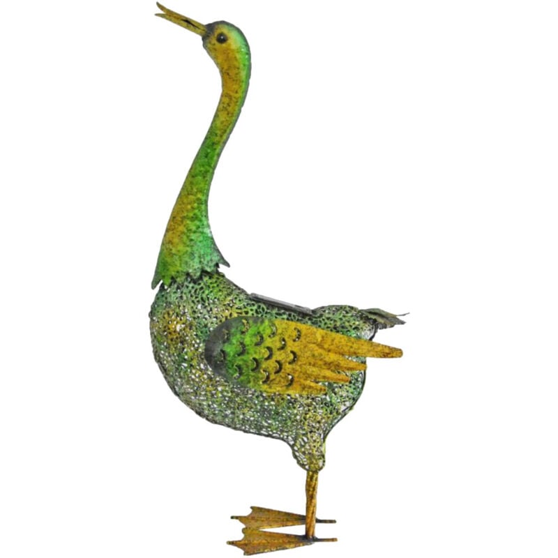 Sculpture de jardin canard animaux solaires pour extérieur grande figurine de décoration de jardin, métal vert jaune, 3x led 3800K, LxH 40x63 cm