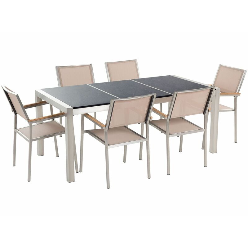 Gartenmöbel Set Schwarz Beige Granit Edelstahl Tisch 180 cm Poliert 6 Stühle Terrasse Outdoor Modern - Schwarz
