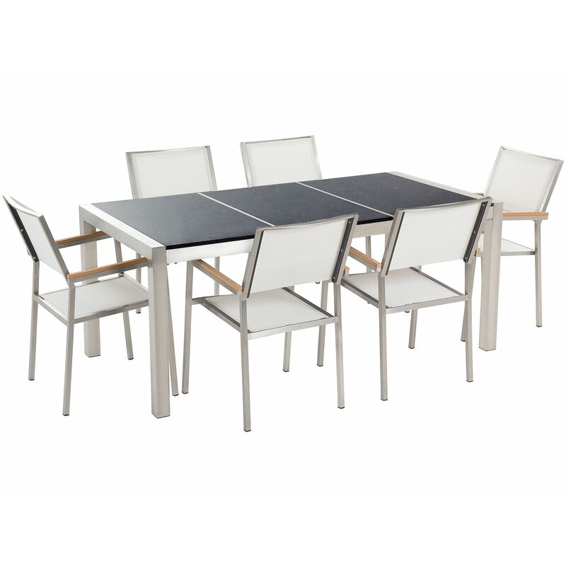 Gartenmöbel Set Schwarz Weiß Granit Edelstahl Tisch 180 cm Poliert 6 Stühle Terrasse Outdoor Modern - Schwarz