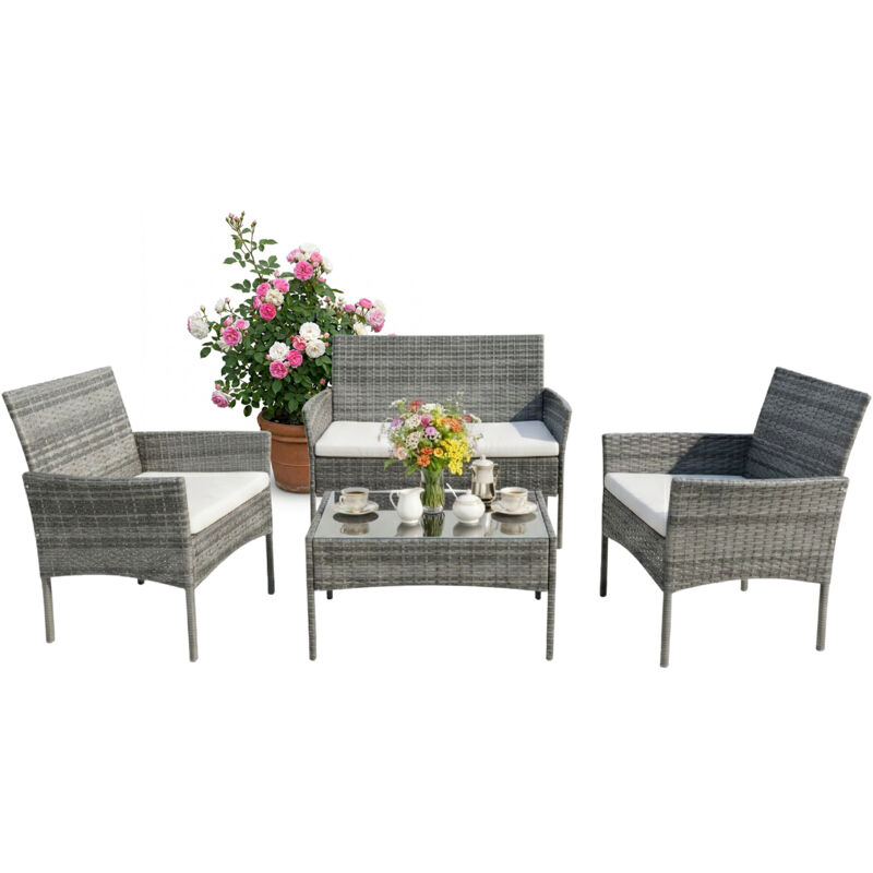 Relaxdays Gartenmöbel Set, 4-tlg. Rattan Sitzgruppe, 4 Personen, Bank, Sessel & Glastisch, Loungemöbel, Outdoor, Grau