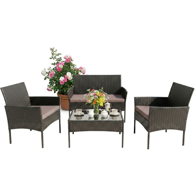 Relaxdays Gartenmöbel Set, 4-tlg. Rattan Sitzgruppe, 4 Personen, Bank, Sessel & Glastisch, Loungemöbel, Outdoor, Schwarz