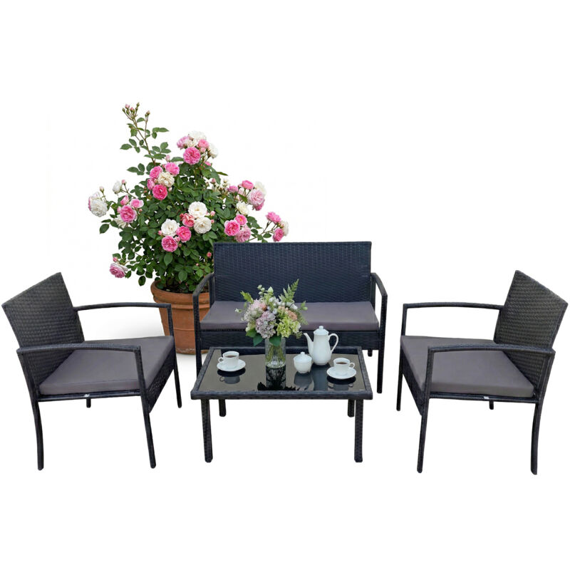Relaxdays Gartenmöbel Set, 4-tlg. Rattan Sitzgruppe, 4 Personen, Bank, Stühle & Glastisch, Loungemöbel, Outdoor, Schwarz