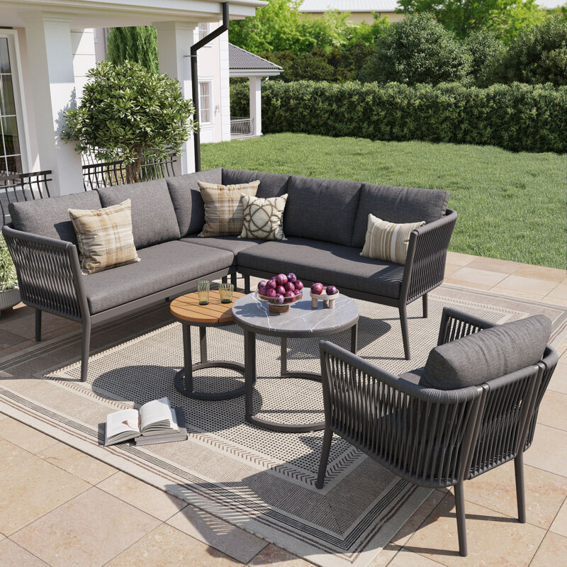 Stilvora Gartenmöbel-set Mit 2 Sofas, 1 Eckteil, 1 Sessel Und 2 Tischen, Modular Und Spritzwassergeschützt, Aus Pe-rattan, Metall Und Glas, Grau
