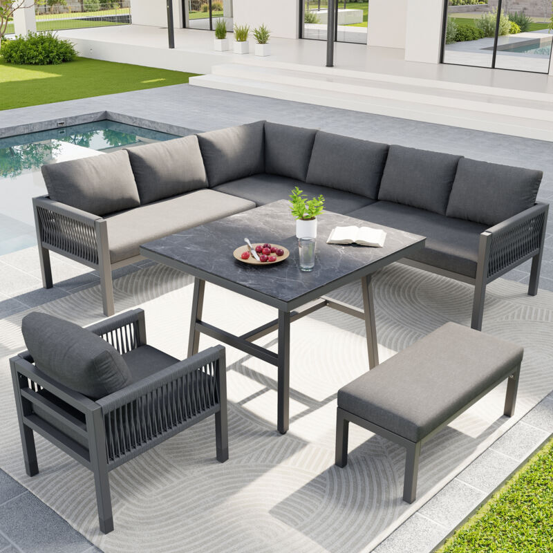 Stilvora Gartenmöbel-set Mit 3 Zweisitzer-sofas, 1 Ecksofa, 1 Sessel, 1 Bank Und 1 Couchtisch, Für 8 Personen, Eisen, Grau