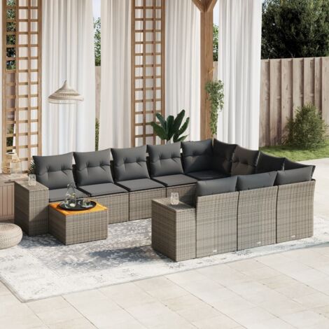 Gartenmöbel 11-teilig mit grauen Kissen aus geflochtener Kunstfaser