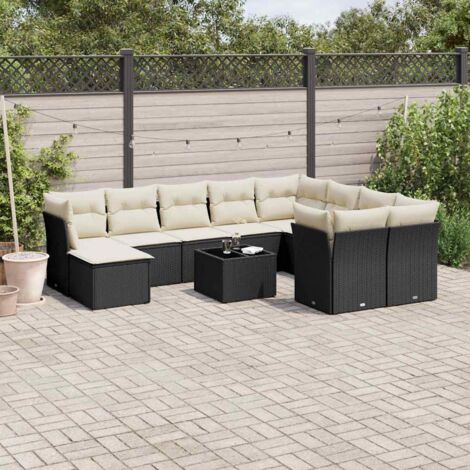 Gartenmöbel 11-teilig mit Kissen schwarz Rattan