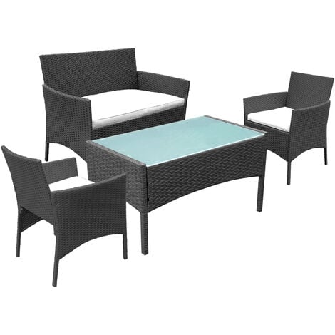 HENGDA Gartenmöbel 4tlg Poly Rattan Sitzgruppe Lounge Set für 4 Personen - Mit 2-er Sofa. Singlestühle. Tisch und Sitzkissen - Schwarz