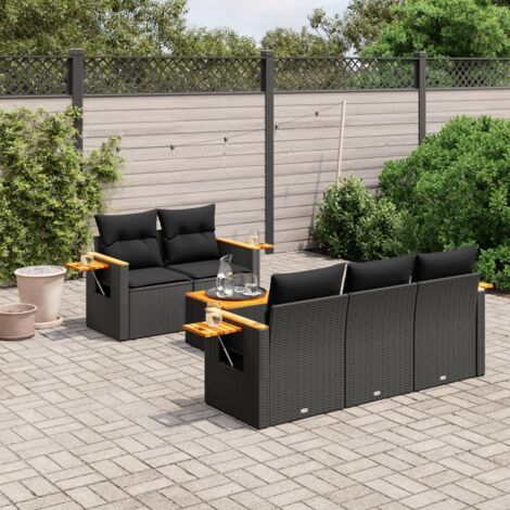 Gartenmöbel 6 Teile mit schwarzen Kissen aus Geflecht