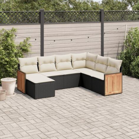 Gartenmöbel 7-teilig mit Kissen schwarz Rattan