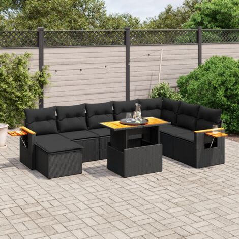 Gartenmöbel 9-teilig mit Kissen schwarz Rattan