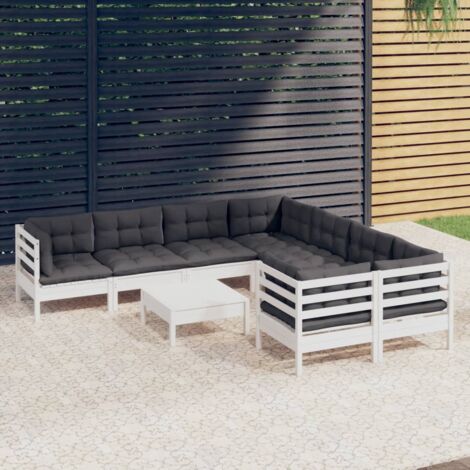 Gartenmöbel 9 Teilig mit weißen Kissen aus Kiefernholz