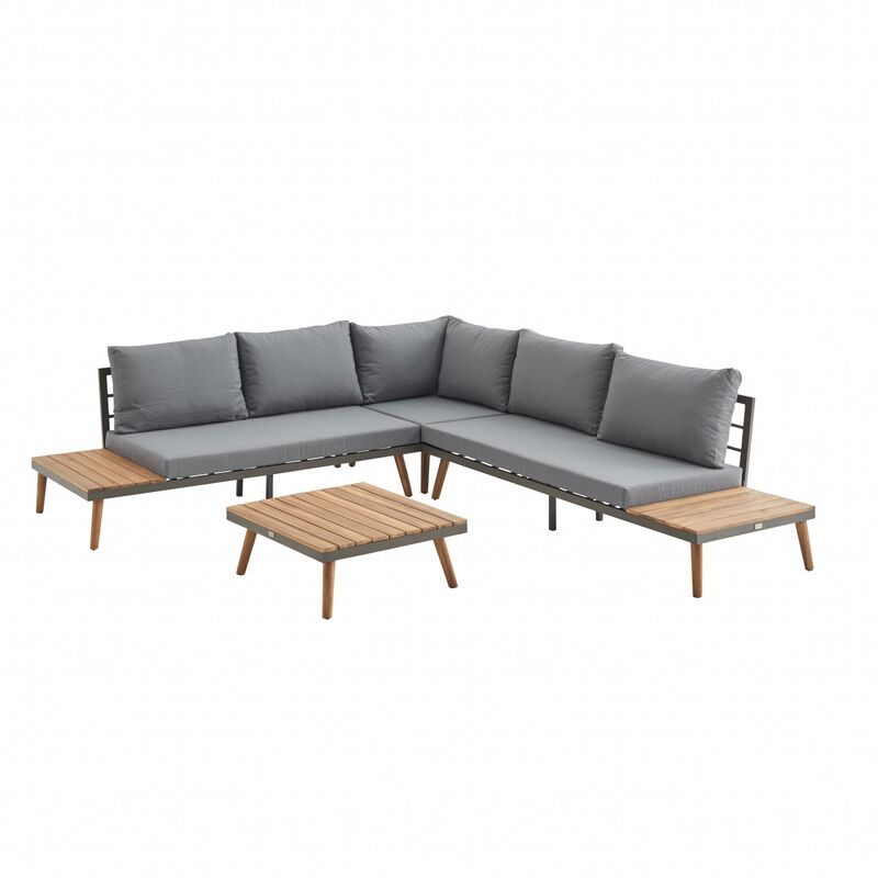 Gartenmöbel aus Holz 5 Plätze - Buenos Aires - Graue Kissen, Ecksofa, Seitenregale und Couchtisch aus Akazie, Aluminiumgestell, skandinavische Basis,