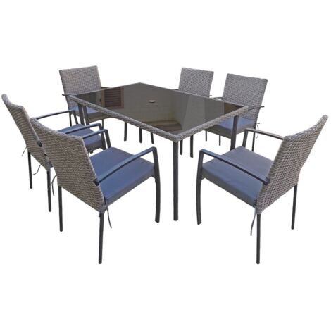 Gartenmöbel Essgruppe Sitzgruppe CARLO 7-Teilig grau aus Rattan mit Kissen Garten Terrasse Balkon