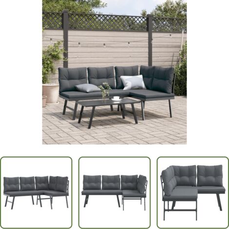 Gartenmöbel -  Gartenbänke mit Kissen 2 Stk. Schwarz Pulverbeschichteter Stahl