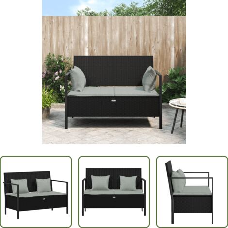Gartenmöbel -  Gartenbank 2-Sitzer mit Kissen Schwarz Poly Rattan