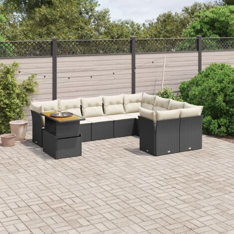 Gartenmöbel Set 10 Teile mit Kissen Schwarz Geflecht