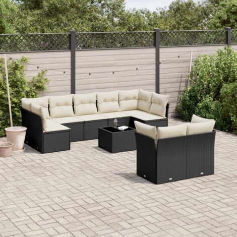 Gartenmöbel Set 10 Teile mit Kissen Schwarz Rattangeflecht