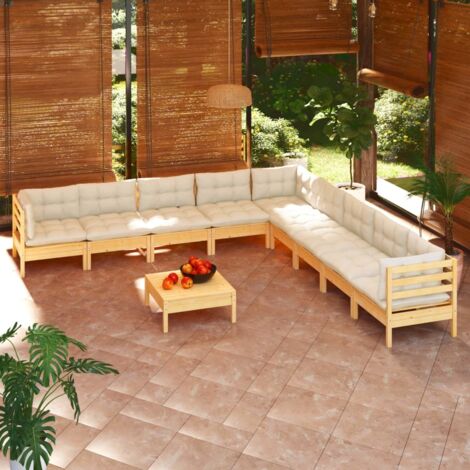 Gartenmöbel-Set 10-teilig mit cremefarbenen Kissen aus massivem Kiefernholz