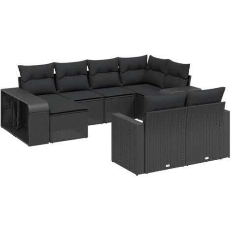Gartenmöbel-Set 10-teilig mit Kissen Schwarz Geflecht