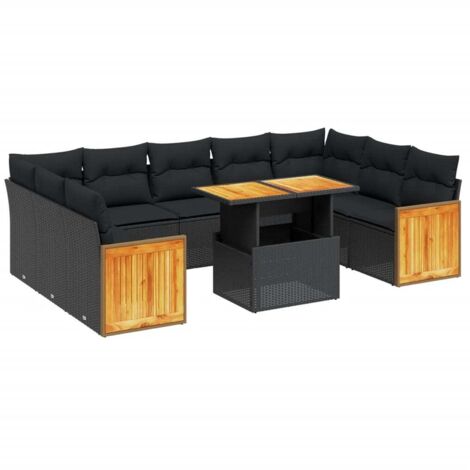 Gartenmöbel-Set 10-teilig mit Kissen Schwarz Geflochtene Kunstfaser