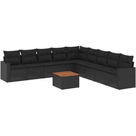 Gartenmöbel Set 10-teilig mit Kissen Schwarz Geflochtene Rattan