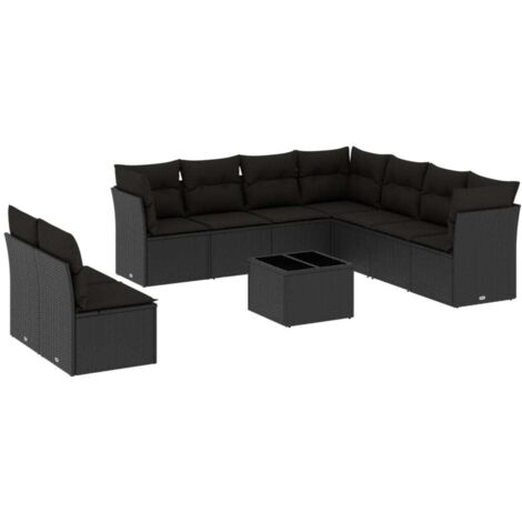 Gartenmöbel Set 10-teilig mit Kissen schwarz Rattan