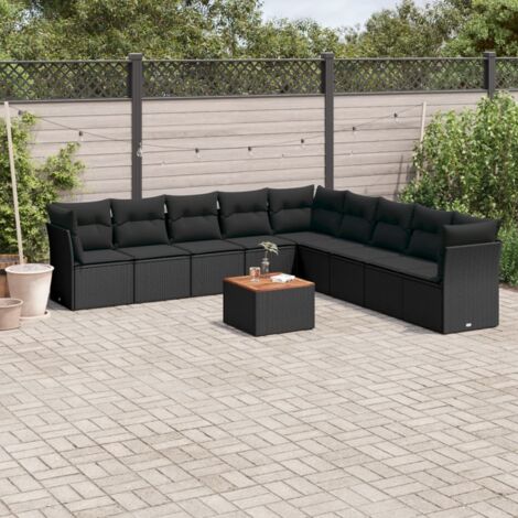 Gartenmöbel-Set 10-teilig mit Kissen Schwarz Rattan