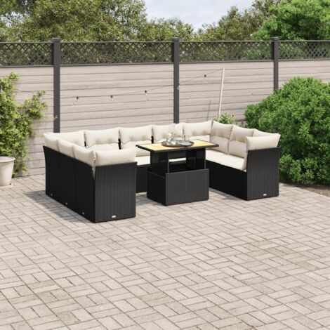 Gartenmöbel-Set 10 Teilig mit Kissen Schwarz Rattan