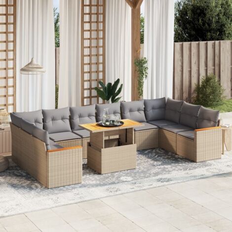 Gartenmöbel-Set 11 Teile mit beigen Kissen aus geflochtener Rattan