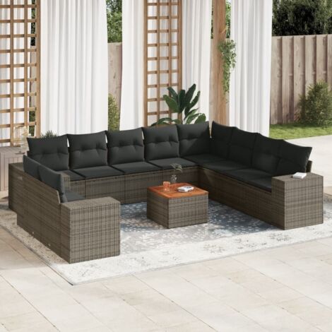 Gartenmöbel Set 11 Teile mit grauen Kissen aus geflochtener Kunstfaser
