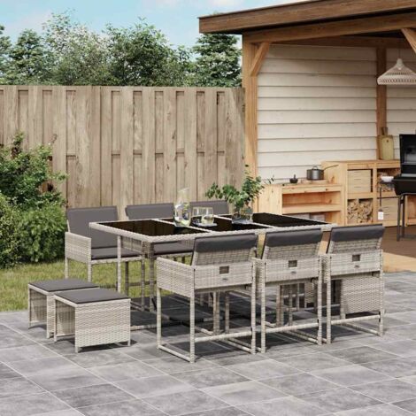 Gartenmöbel Set 11 Teile mit grauen Polster aus Poly-Rattan
